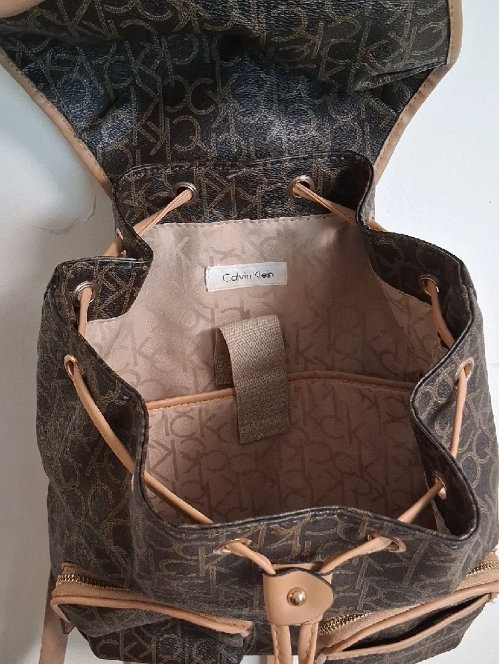 Calvin Klein Brown Monogram Backpack with Tan Trim - Picture 4 of 5
